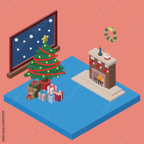 クリスマスツリーとプレゼントが置かれた、暖かい暖炉の部屋.