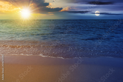 summer vacation background at the sea with sun and moon. day and night time change concept. clear water and sandy beach at twilight. relax and recreation season