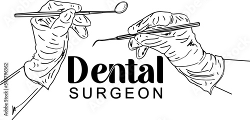 Dental surgeon logo; hands of a dentist in gloves that hold dental therapeutic and surgical hand care tools; dental clinic clipart; symbol; silhouette