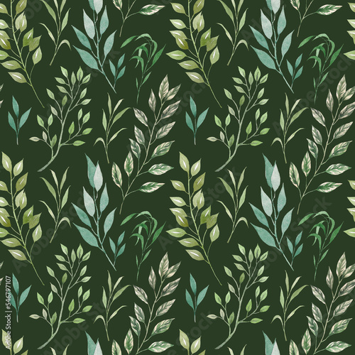Watercolor seamless pattern of green herbs and leaves. Ideal for designer decoration. Illustration of plants, greenery.