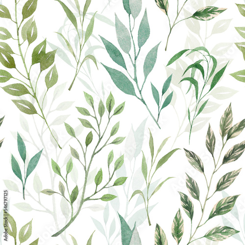 Watercolor seamless pattern of green herbs and leaves. Ideal for designer decoration. Illustration of plants, greenery on a white background. © Yana