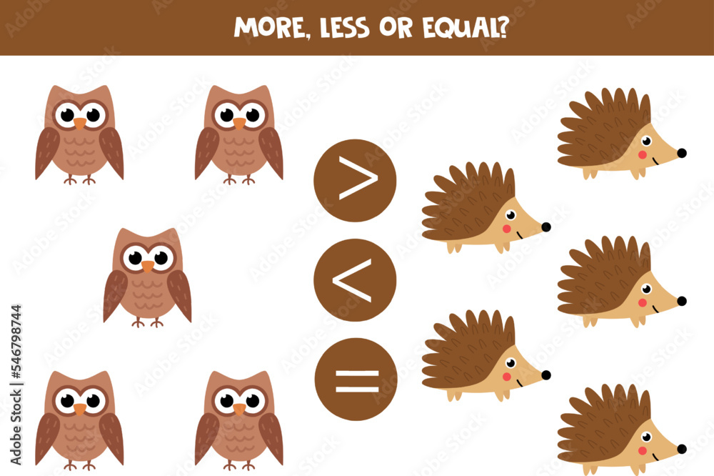 Obraz premium More, less or equal with cartoon lions and hedgehogs.