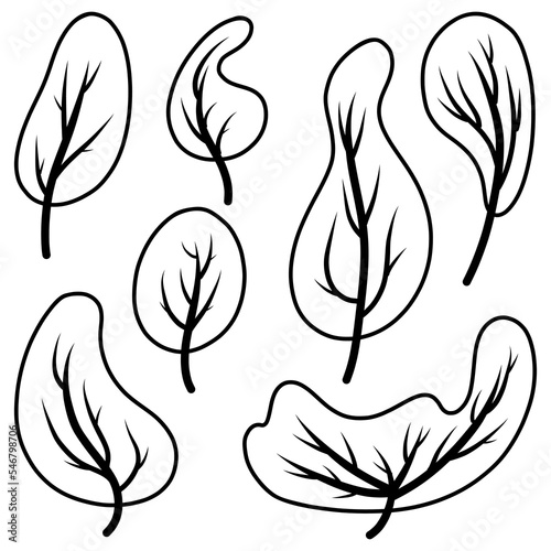 a set of black and white doodle-style trees. elements on a white background.