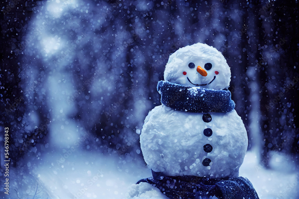 Merry Christmas and Happy New Year greeting card with copy space. Happy snowman standing in winter Christmas landscape. Snow background, bokeh, festive lights, winter wonderland, fairytale, snowfall