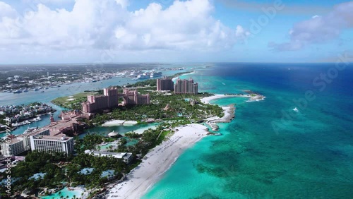 The drone aerial footage of Paradise Island and Nassau city, Bahamas.