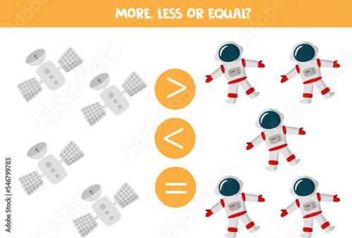 More, less or equal with cartoon satellite and astronaut.