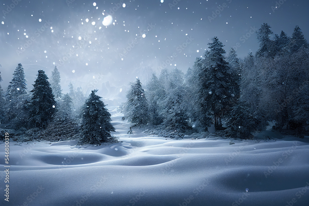 Festive and fabulous Christmas trees in the snow, winter forest, magical Christmas night, Christmas background with copy space, winter wonderland, digital illustration Festive and fabulous Christmas trees in the snow, winter forest, magical Christmas night, Christmas background with copy space, winter wonderland, digital illustration