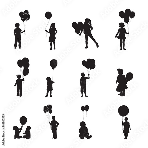 Child holdings balloons silhouettes, Kids holdings balloons silhouettes V02.