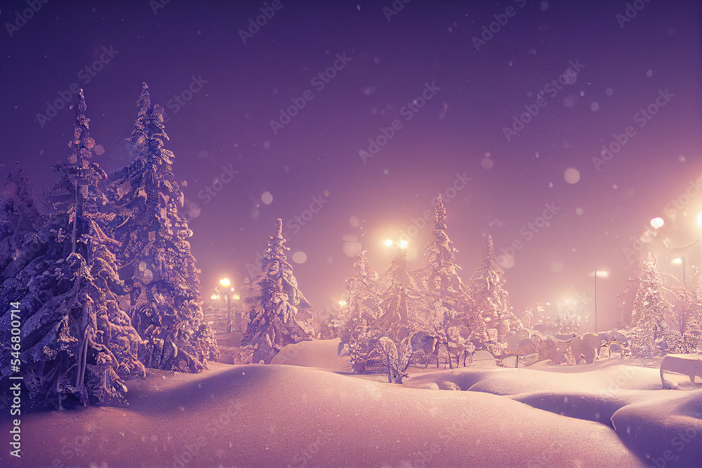 Festive and fabulous Christmas trees in the snow, winter forest, magical Christmas night, Christmas background with copy space, winter wonderland, digital illustration