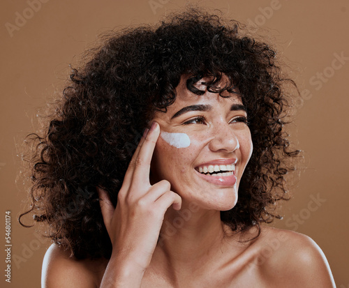 Black woman, facial cream and skincare wellness of happy face skin glow and sunscreen. Cosmetic, collagen and dermatology lotion of a woman model with a smile from natural cosmetics treatment