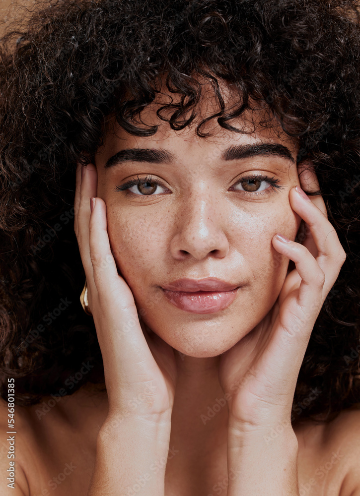 Beauty, portrait and natural face of black woman with healthy freckle skin texture touch. Aesthetic, facial and skincare cosmetic model girl touching cheeks for self love and wellness. - obrazy, fototapety, plakaty 