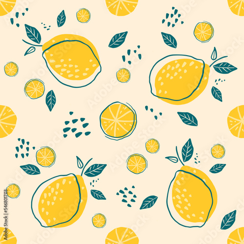 Vector seamless repeating pattern with hand drawn yellow lemons. texture for fabric, wallpaper, textile, apparel.