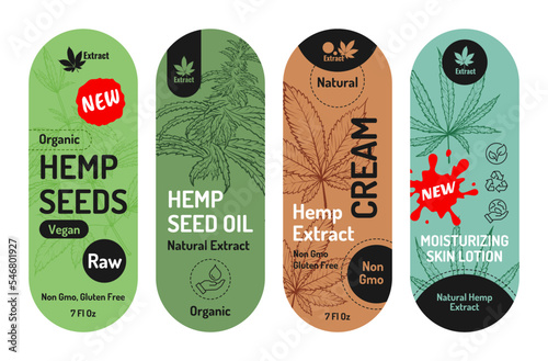 Hemp seeds organic oil natural extract moisturizing skin lotion line label sticker set vector