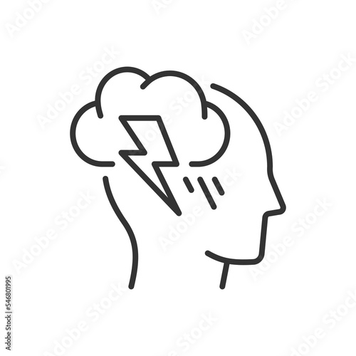 Human head with storm and lightning. Line icon. Editable stroke. Vector illustration.