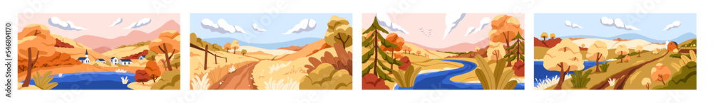 Fototapeta premium Autumn landscapes. Fall nature scenes set. Countryside sceneries, rural panoramas with clouds in sky, path, river, orange leaves on trees, yellow grass in October. Colored flat vector illustrations