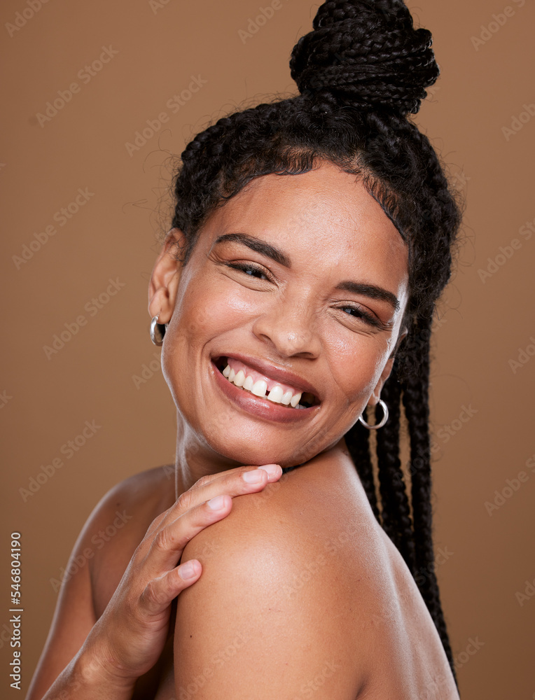 Skincare, beauty and black woman smile for cosmetics, makeup and dermatology mockup on brown studio background with hair braids. Face portrait of happy model with a glow on skin with self care Skincare, beauty and black woman smile for cosmetics, makeup and dermatology mockup on brown studio background with hair braids. Face portrait of happy model with a glow on skin with self care