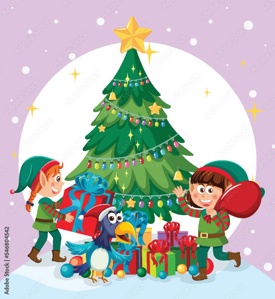Christmas tree with elves cartoon character Christmas tree with elves cartoon character