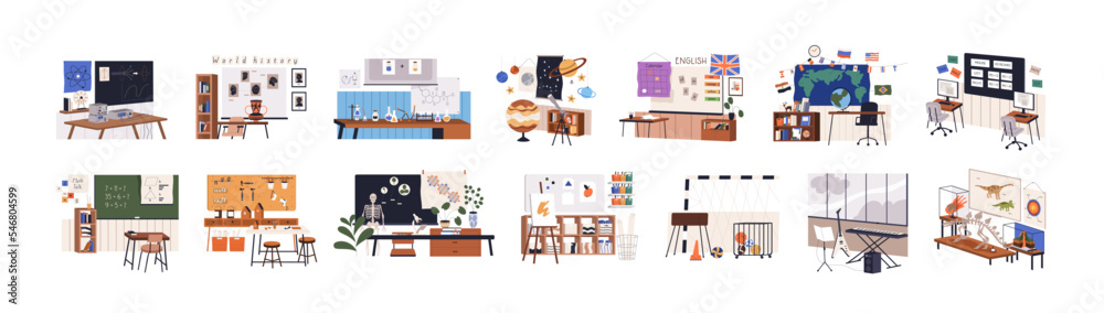 Classrooms interiors set. Empty classes, study rooms for different school subjects with supplies for art, biology, geography, astronomy lessons. Flat vector illustrations isolated on white background - obrazy, fototapety, plakaty 