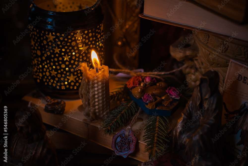 Illustration of magical stuff....candle light, magic wand, book of spells dark background, wizarding school, mystical aesthetic
