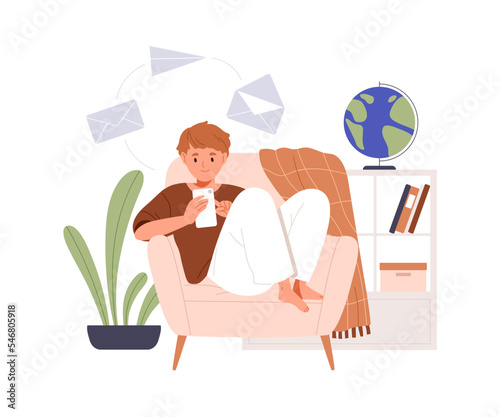 Child with mobile phone, texting messages in armchair at home. Boy surfing internet, social media with smartphone. Kid spending time online. Flat vector illustration isolated on white background