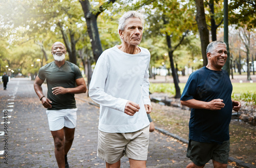 Run, group and senior men training, running and in street for health, wellness and fitness outdoor. Retirement, healthy males and friends running together, strong workout and exercise for cardio © M Einero/peopleimages.com