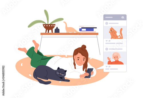 Child with mobile phone, scrolling social media, network. Girl surfing internet at leisure time at home. Kid relaxing online with smartphone. Flat vector illustration isolated on white background