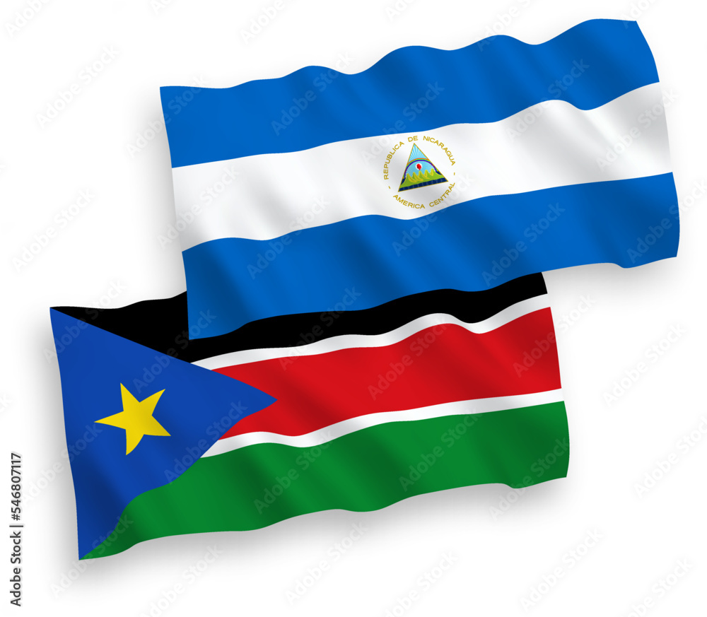 Naklejka premium Flags of Nicaragua and Republic of South Sudan on a white background