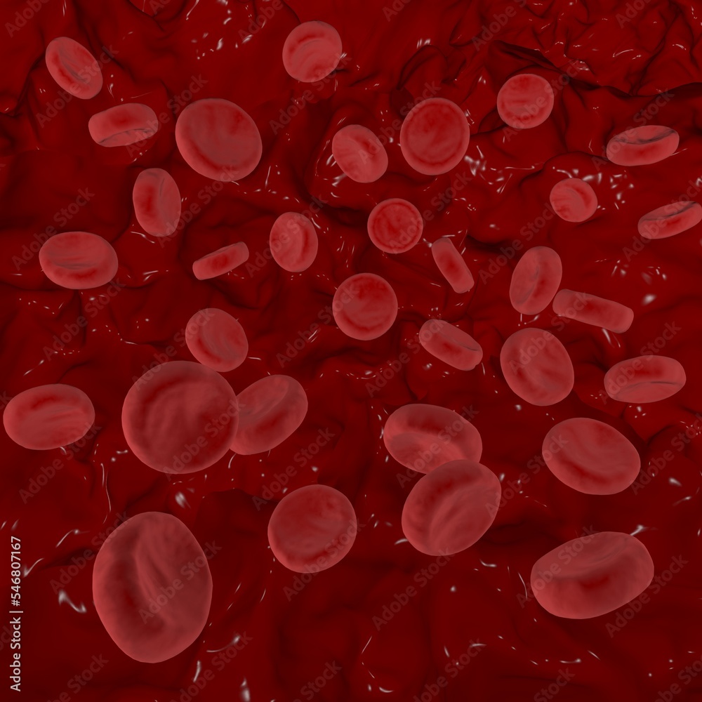 Blood cells flying through arteries.  Circulating hemoglobin blood bodies flowing inside human vein. The erythrocytes in bloodstream microscope view. 3d rendering