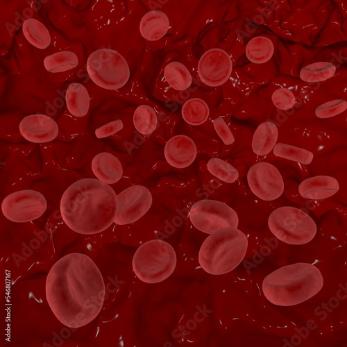 Blood cells flying through arteries.  Circulating hemoglobin blood bodies flowing inside human vein. The erythrocytes in bloodstream microscope view. 3d rendering