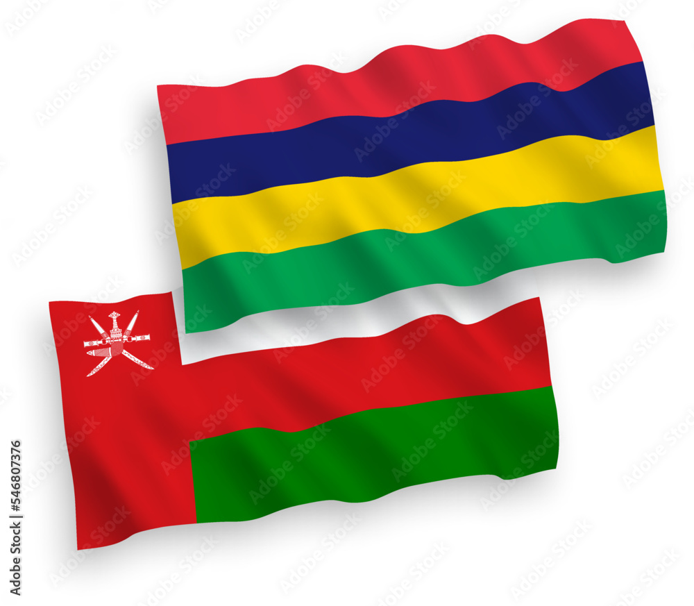 Flags of Sultanate of Oman and Republic of Mauritius on a white background Flags of Sultanate of Oman and Republic of Mauritius on a white background