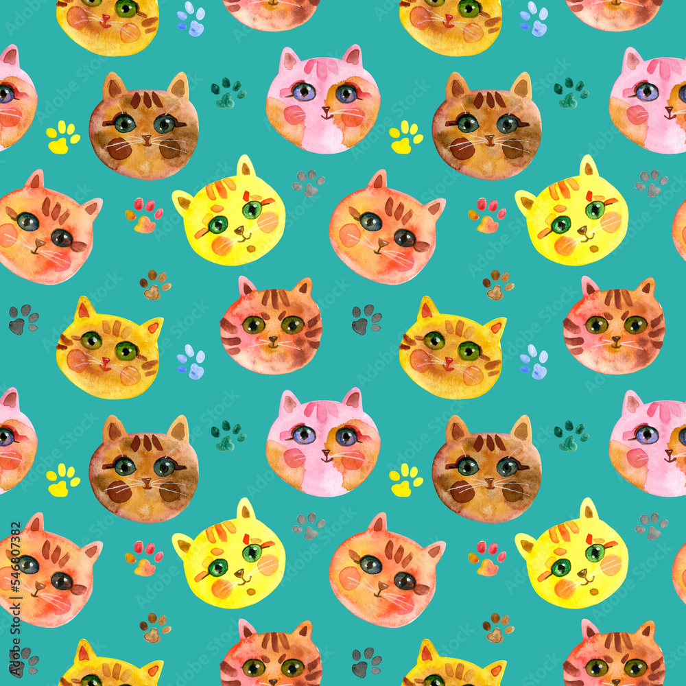 Seamless pattern of Cartoon faces of cats on a Light Sea Green background. Cute Cat muzzle. Watercolour hand drawn illustration. For fabric, sketchbook, wallpaper, wrapping paper.