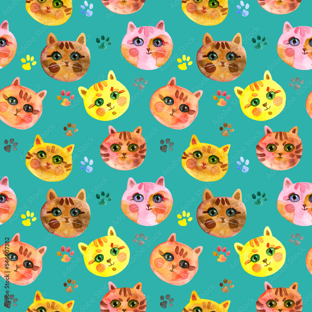 Seamless pattern of Cartoon faces of cats on a Light Sea Green background. Cute Cat muzzle. Watercolour hand drawn illustration. For fabric, sketchbook, wallpaper, wrapping paper. Seamless pattern of Cartoon faces of cats on a Light Sea Green background. Cute Cat muzzle. Watercolour hand drawn illustration. For fabric, sketchbook, wallpaper, wrapping paper.