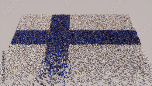 A Crowd of People gathering to form the Flag of Finland. Finnish Banner on White. photo