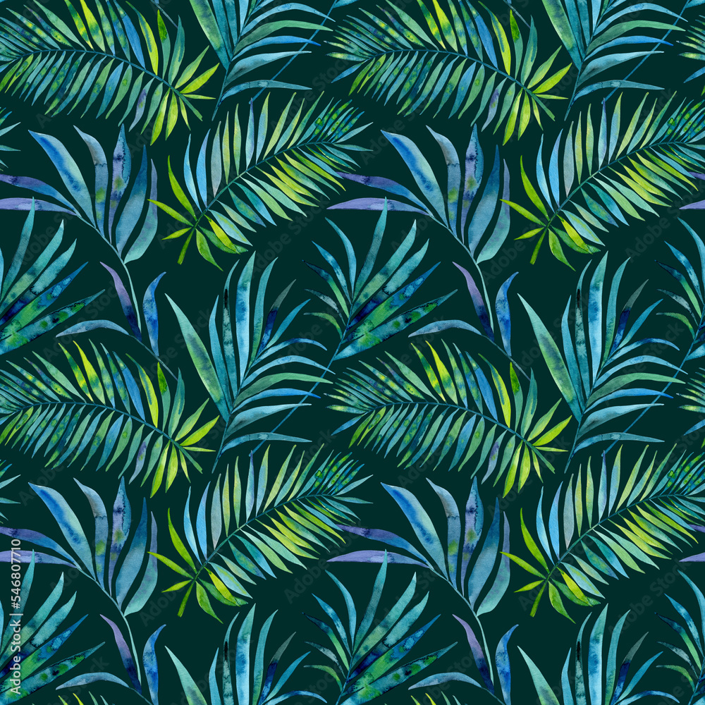 Watercolour blue green tropical palm leaves illustration seamless pattern. On dark green background. Hand-painted. Floral elements, jungle leaves.