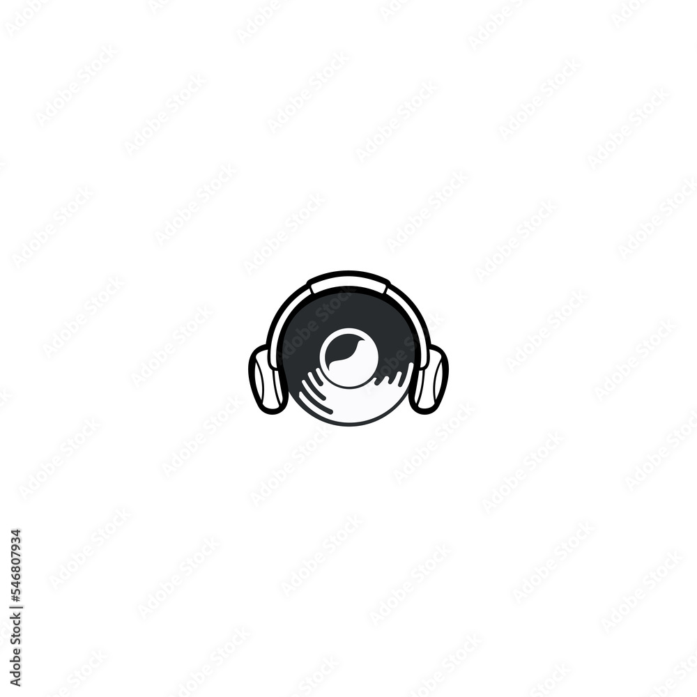 Headset with Phonograph record music podcast DJ logo vector. designed for music recording studio labels design Headset with Phonograph record music podcast DJ logo vector. designed for music recording studio labels design