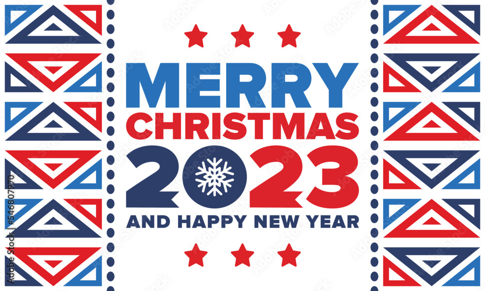 Merry Christmas and Happy New Year 2023. Magic holiday poster with snowflake. Winter celebration event. Christmas party. Congratulation card. Festive design template. Vector illustration Merry Christmas and Happy New Year 2023. Magic holiday poster with snowflake. Winter celebration event. Christmas party. Congratulation card. Festive design template. Vector illustration