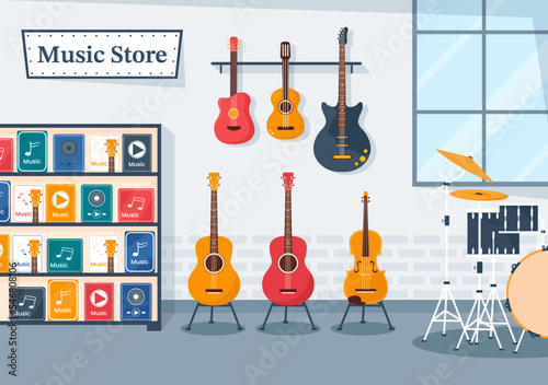 Music Store with Various Musical Instruments, CD, Cassette Tapes and Audio Recordings in Flat Style Cartoon Hand Drawn Template Illustration
