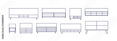 Cabinets, shelving units, TV stands, chest of drawers top view. for contoured interior layout. Storage furniture overhead for floor plan map. Flat vector illustrations isolated on white background