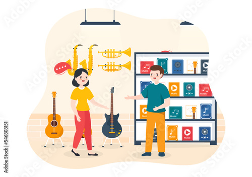 Music Store with Various Musical Instruments, CD, Cassette Tapes and Audio Recordings in Flat Style Cartoon Hand Drawn Template Illustration
