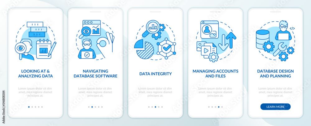 Data governance skills blue onboarding mobile app screen. Walkthrough 5 steps editable graphic instructions with linear concepts. UI, UX, GUI template. Myriad Pro-Bold, Regular fonts used