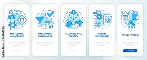 Kinds of data governance blue onboarding mobile app screen. Walkthrough 5 steps editable graphic instructions with linear concepts. UI, UX, GUI template. Myriad Pro-Bold, Regular fonts used