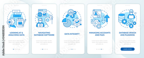 Data governance skills blue onboarding mobile app screen. Walkthrough 5 steps editable graphic instructions with linear concepts. UI, UX, GUI template. Myriad Pro-Bold, Regular fonts used