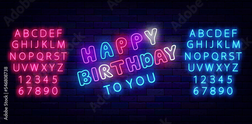 Happy Birthday to you neon typography. Light advertising. Shiny blue and pink alphabet. Vector stock illustration
