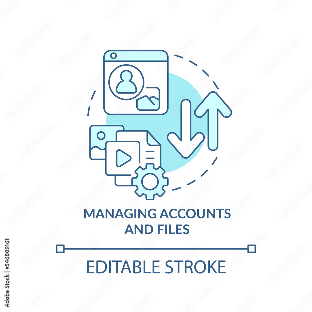 Managing accounts and files turquoise concept icon. Company records abstract idea thin line illustration. Isolated outline drawing. Editable stroke. Arial, Myriad Pro-Bold fonts used Managing accounts and files turquoise concept icon. Company records abstract idea thin line illustration. Isolated outline drawing. Editable stroke. Arial, Myriad Pro-Bold fonts used