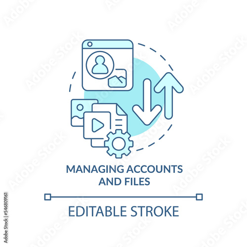 Managing accounts and files turquoise concept icon. Company records abstract idea thin line illustration. Isolated outline drawing. Editable stroke. Arial, Myriad Pro-Bold fonts used
