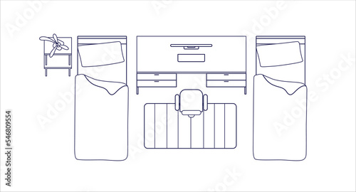 Bedroom and workplace, outlined interior floor plan, top view. Twin beds, computer desk, table and chair, overhead room layout. Contoured flat vector illustration isolated on white background