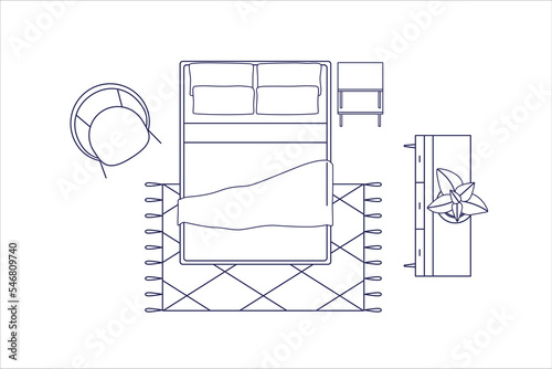 Overhead bedroom interior layout, room design with double bed, nightstand, carpet, cabinet and armchair. Furniture top view. Outlined contoured flat vector illustration isolated on white background
