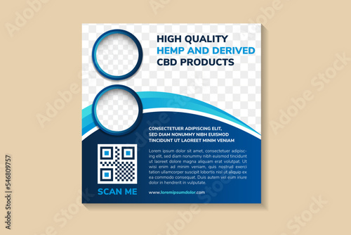 abstract social media post banner template design with high quality hemp and derived cbd products is headline. square layout with space for photo collage and text. blue gradient background and element