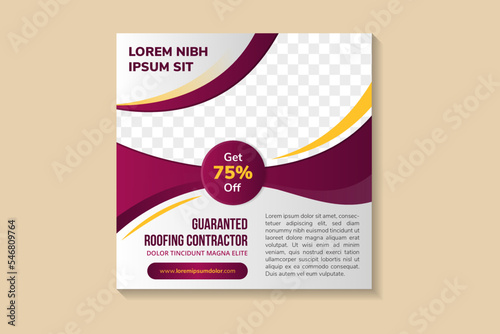 abstract social media post banner template design use headline is guaranteed roofing contractor. square layout with space for photo and text. grey background with purple yellow colors on elements