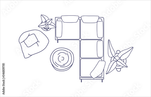 Living room interior overhead. Corner sofa, couch, cushions, coffee table, plants in home plan, lounge layout design, above top view. Outlined flat vector illustration isolated on white background